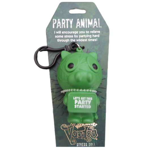 Party Animal stress doll green  strss do;; animal  with sign lets get this part started on blue hang sell packaging
