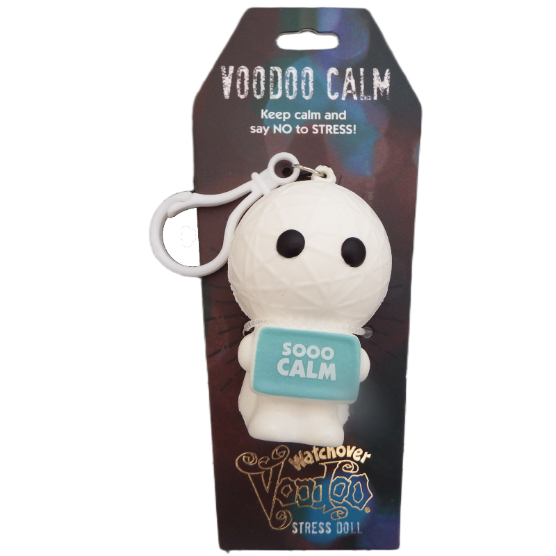 white vvoodoo stress doll with sign stay calm on hang sell packaging