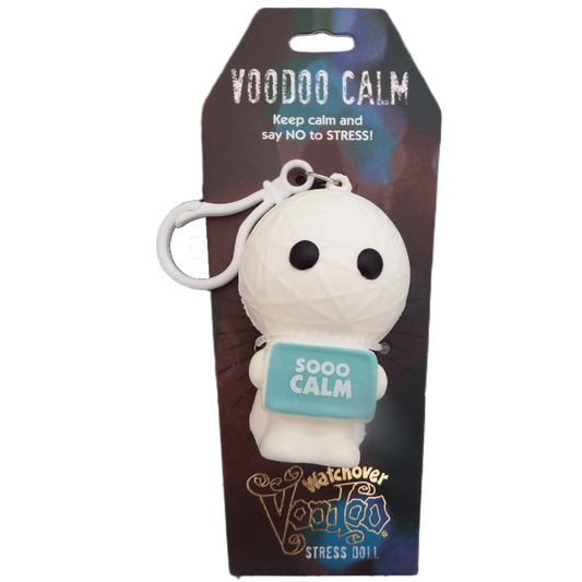 white vvoodoo stress doll with sign stay calm on hang sell packaging
