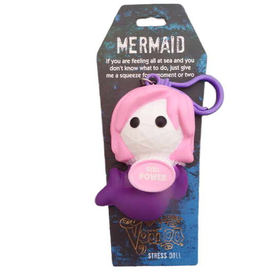 Mermaid-shaped stress doll with pink hair and purple tail on