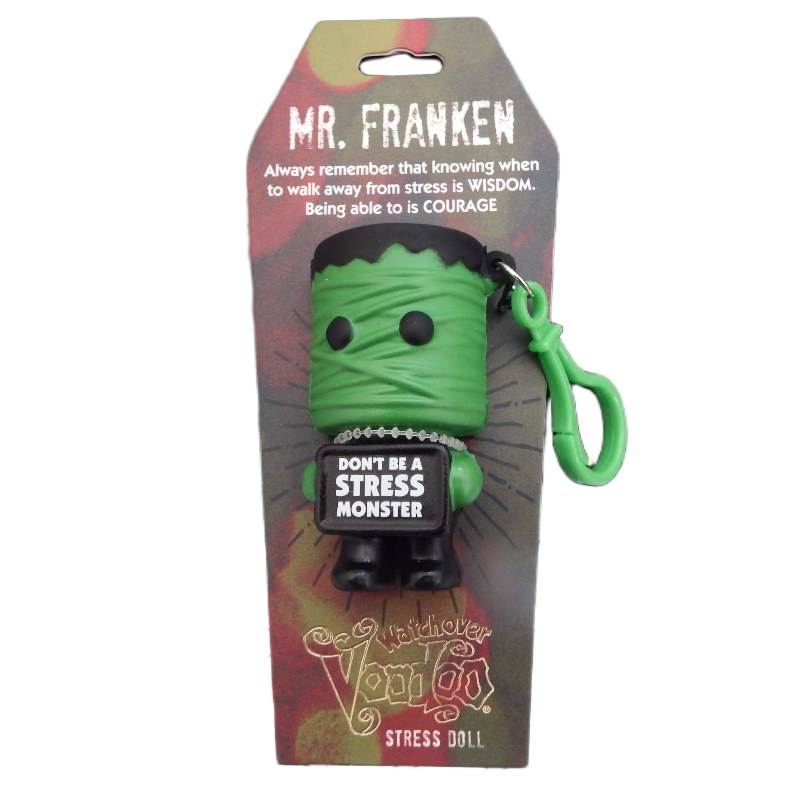 Green stress doll with text don't stress monster on hang sell packaging  