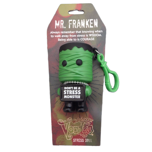 Green stress doll with text don't stress monster on hang sell packaging  