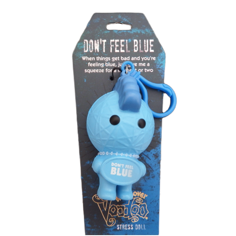 Blue stress doll with keychain on packaging labeled 'Don't Feel Blue' on a white background
