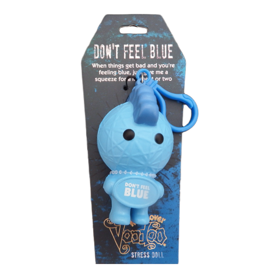 Blue stress doll with keychain on packaging labeled 'Don't Feel Blue' on a white background