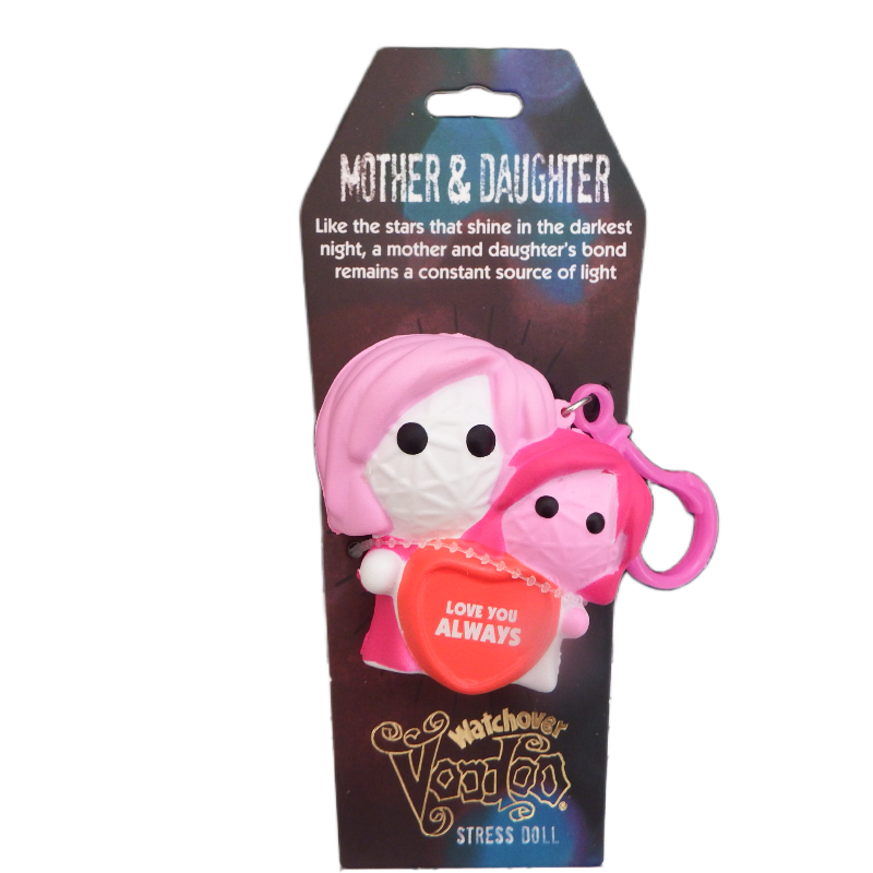 tress doll with pink hair and heart-shaped 'Love You Always' tag on packaging with text about mother and daughter bond.