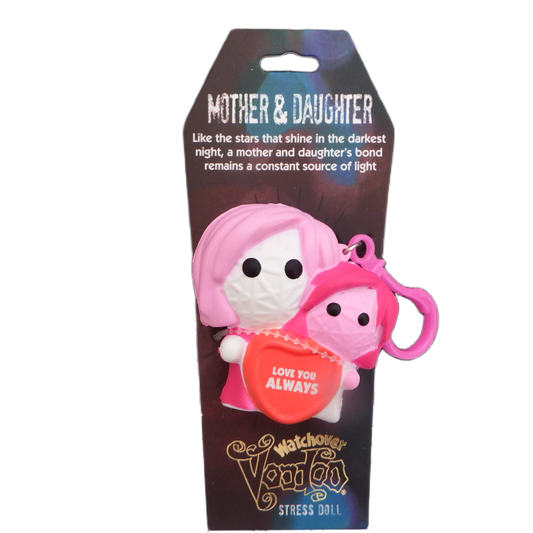 tress doll with pink hair and heart-shaped 'Love You Always' tag on packaging with text about mother and daughter bond.