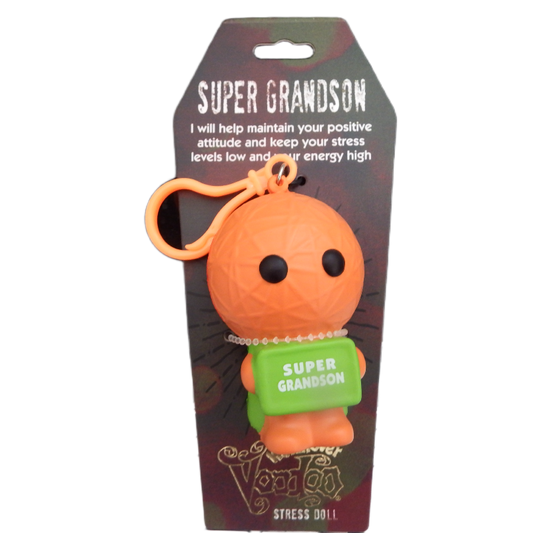 Orange stress doll with a green label on a black packaging background