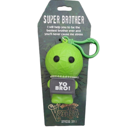 Green stress doll with 'Super Brother' packaging on a white background