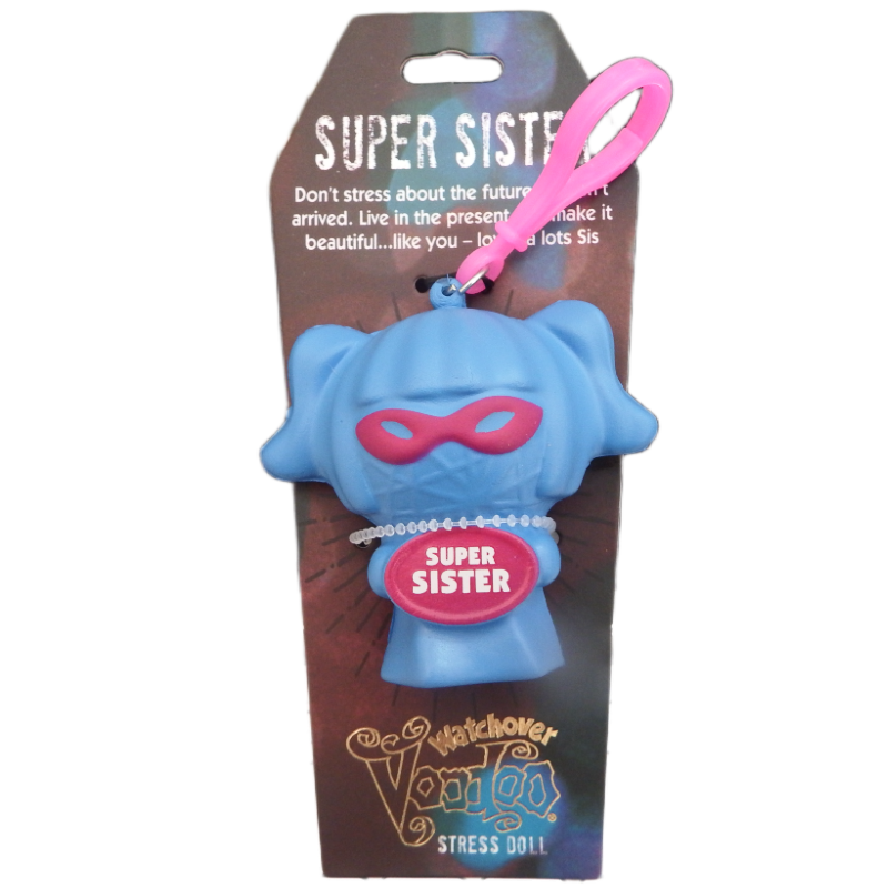 Blue stress ball with pink accent and 'Super Sister' text on packaging