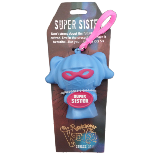 Blue stress ball with pink accent and 'Super Sister' text on packaging