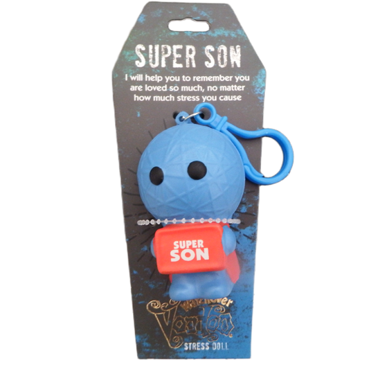 Blue stress doll with red shirt labeled 'Super Son' on a black packaging background.