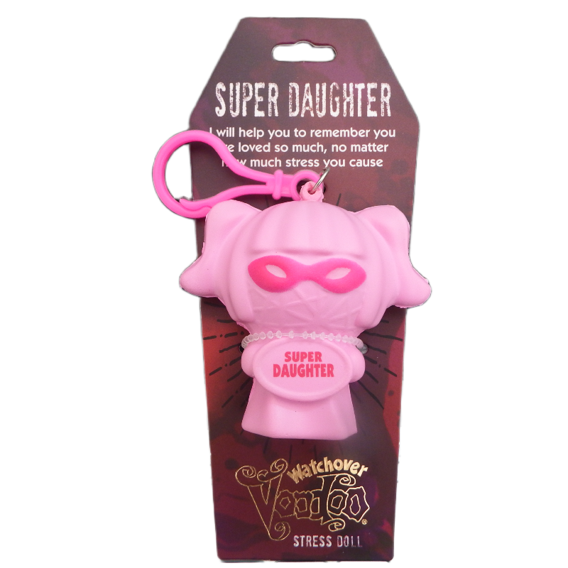 Pink stress doll with superhero mask on packaging labeled 'Super Daughter'.