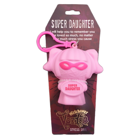 Pink stress doll with superhero mask on packaging labeled 'Super Daughter'.