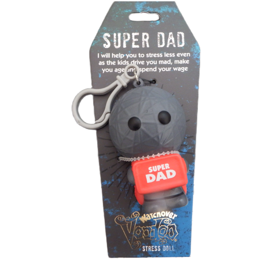 Grey Stress doll with 'Super Dad' label on packaging