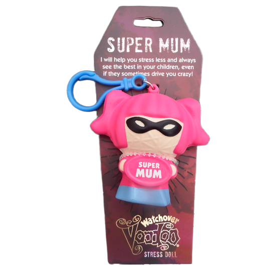Pink stress ball with 'Super Mum' text on packaging