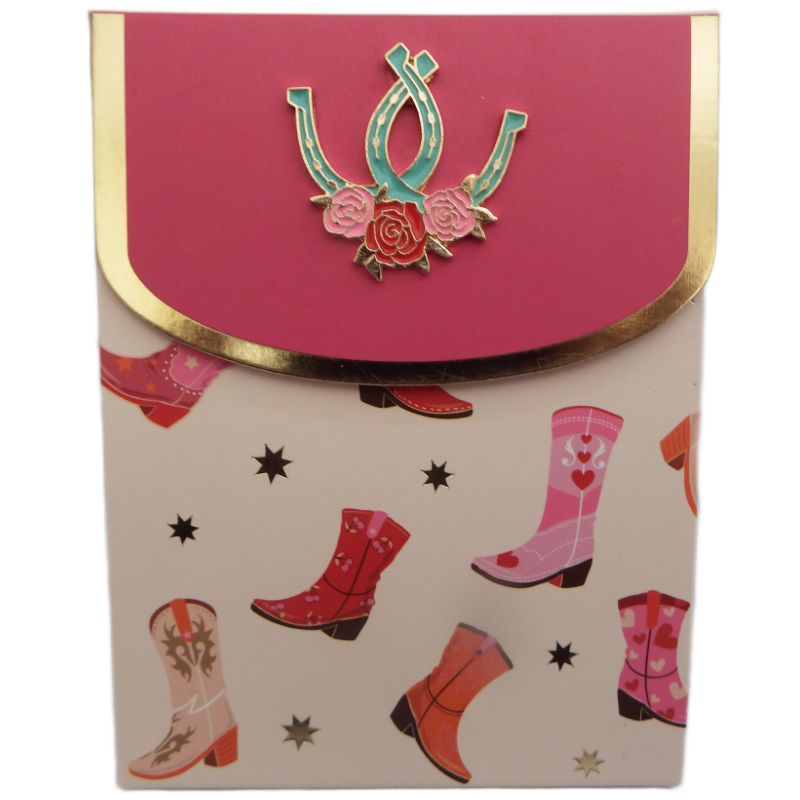 Card with pink top and pattern of horse- riding boots and horseshoes on a beige background