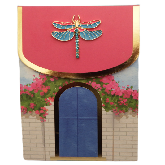 Decorative card with a dragonfly design on a red background