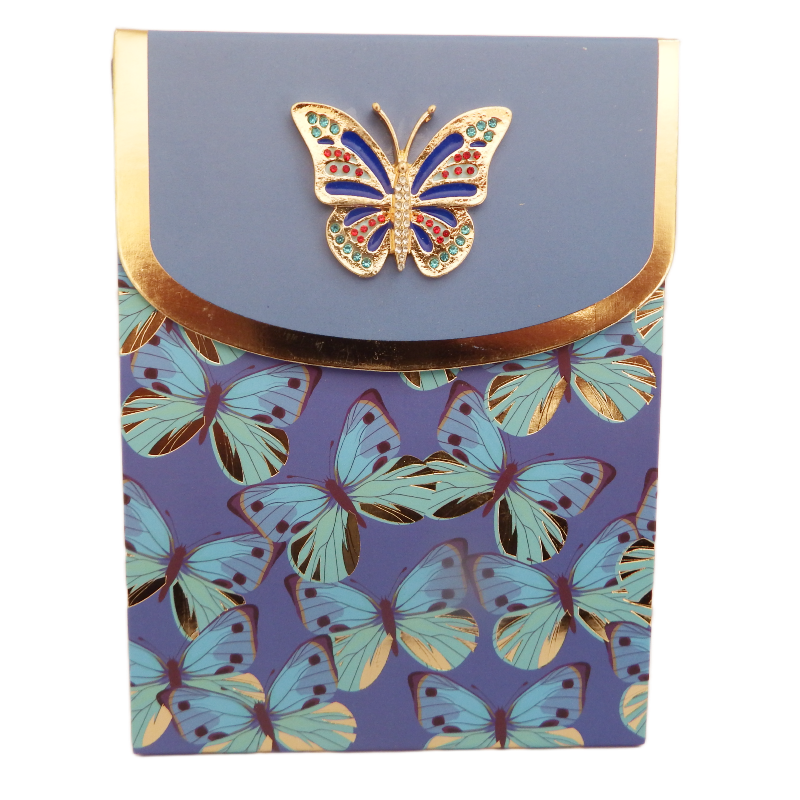 Blue purse note pad with butterfly design and gold accents on a white background