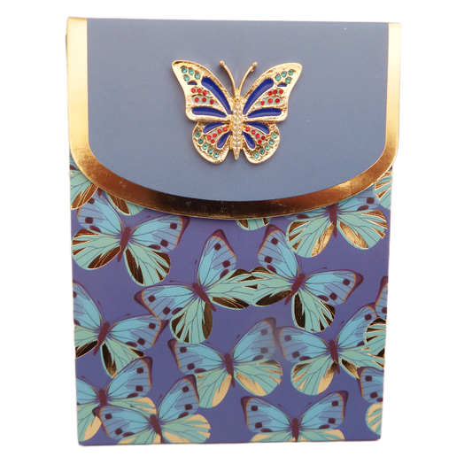 Blue purse note pad with butterfly design and gold accents on a white background