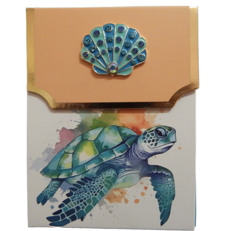 Bling Purse note Pad with a turtle illustration and a decorative shell on fold down top