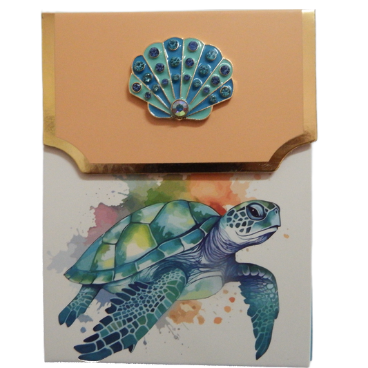 Bling Purse note Pad with a turtle illustration and a decorative shell on fold down top