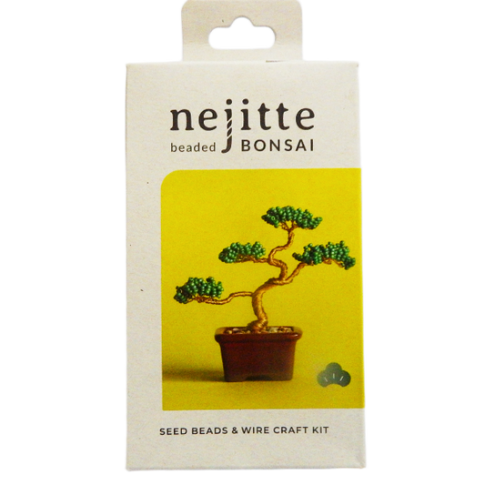 Nejitte Beaded Bonsai Seed Beads & Wire Craft Kit in its original white cardboard packaging, featuring a yellow panel with an illustration of a finished bonsai tree.