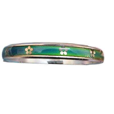 Silver ring with green and blue inlay on a white background