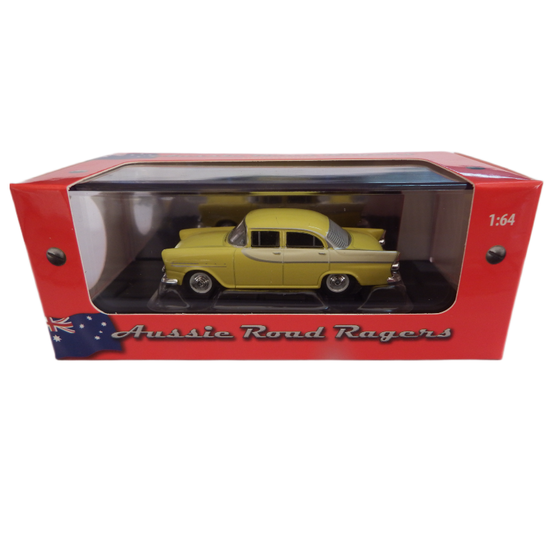 Yellow model car in a 'Aussie Road Ragers' box with an Australian flag design.