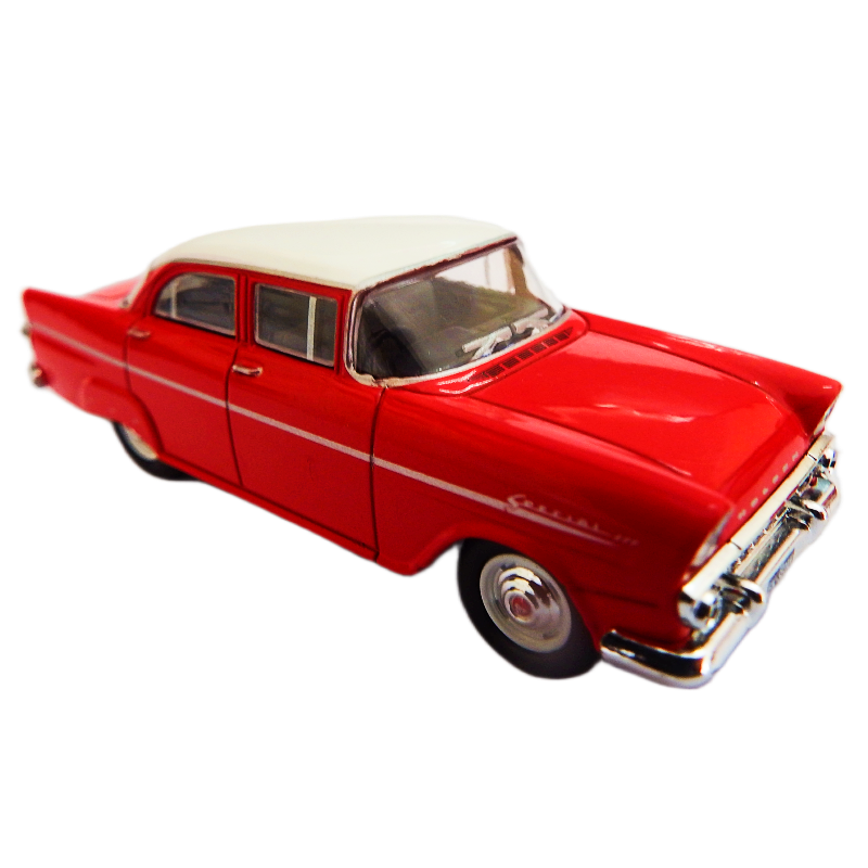 Model of a red classic car with white roof on a white background