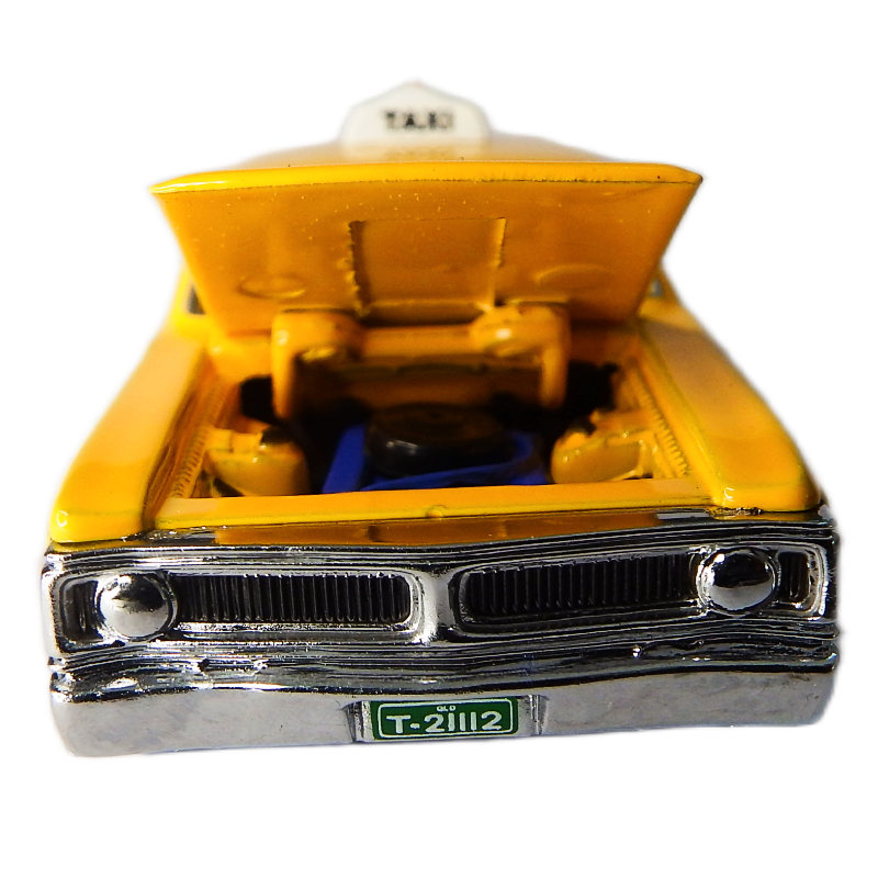 Model of a yellow taxi with open hood on a white background