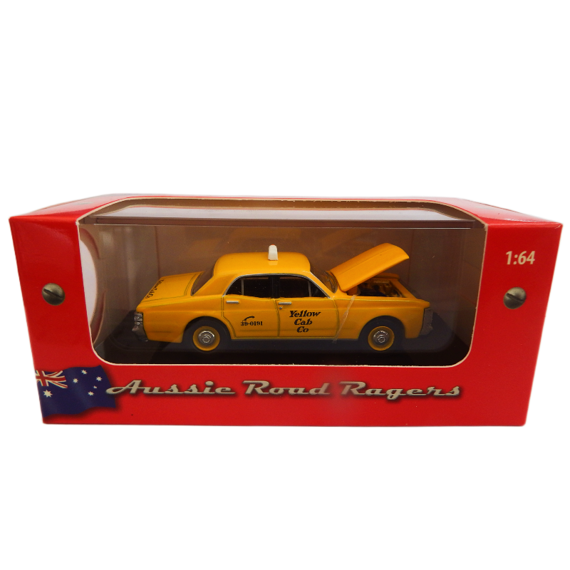 Yellow taxi model car in a red box with 'Aussie Road Rogers' branding.