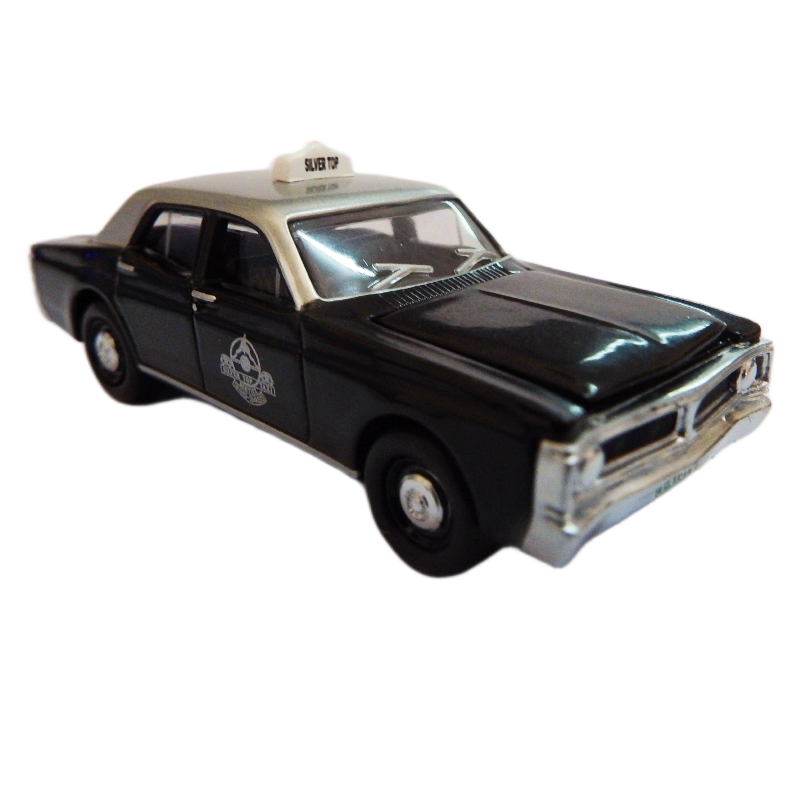 Model of a black silver top taxi XY Falcon car on a white background