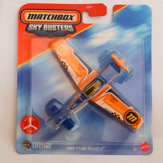 Matchbox Sky Busters toy plane in packaging with blue and orange design