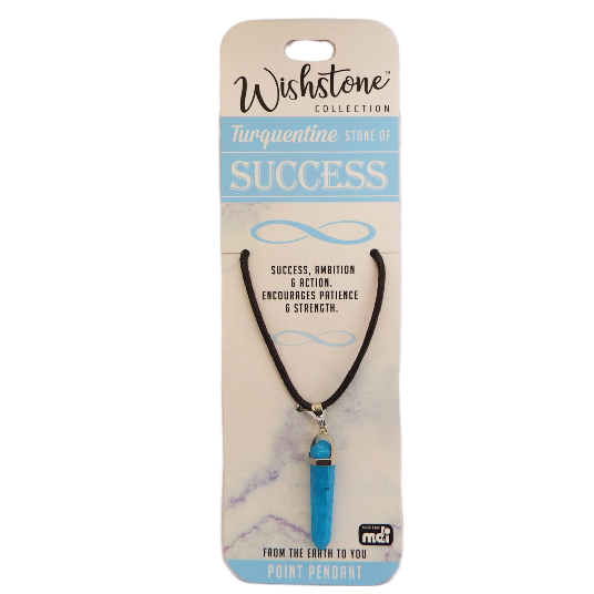 Turquoise pendant necklace on Wishstone packaging with text about success and ambition.