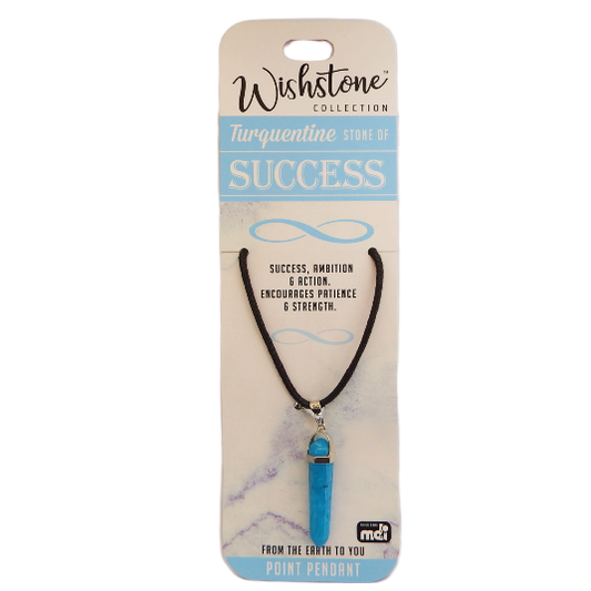 Turquoise pendant necklace on Wishstone packaging with text about success and ambition.