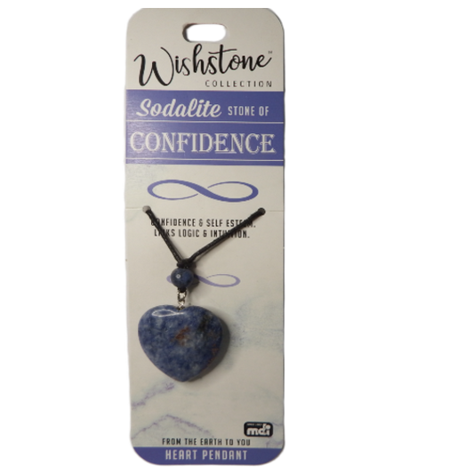 A sodalite heart pendant wishstone with a silver chain, packaged on a white card with the brand name and product details