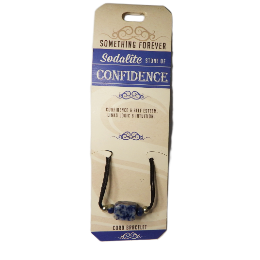 Bracelet packaging with text 'Something Forever' and 'Sodalite Stone of Confidence'.