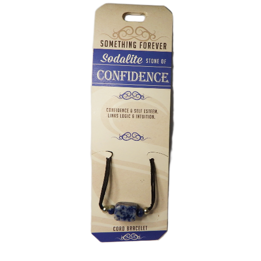 Bracelet packaging with text 'Something Forever' and 'Sodalite Stone of Confidence'.