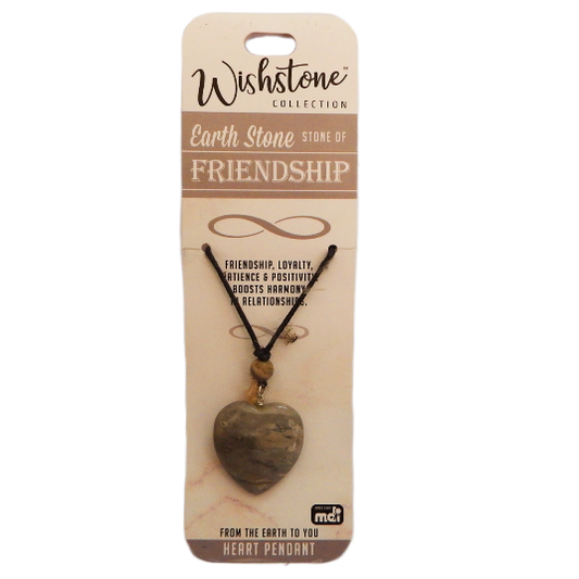 Heart-shaped earth stone pendant necklace on Wishstone packaging