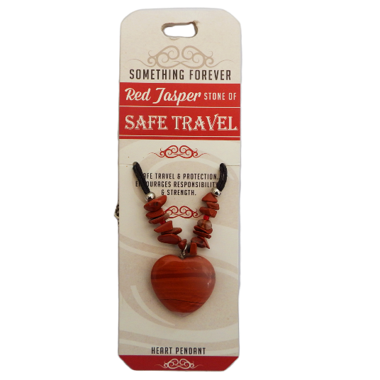 Red Jasper stone heart pendant necklace on packaging with text
