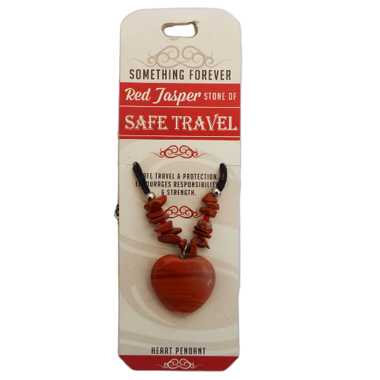 Red Jasper stone heart pendant necklace on packaging with text