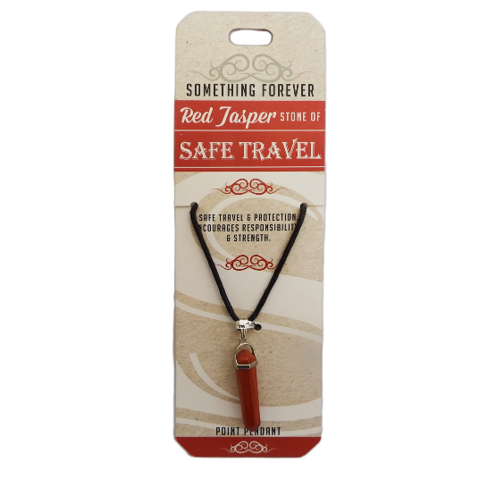 Red Jasper stone pendant on a necklace with packaging labeled 'Something Forever Safe Travel'.