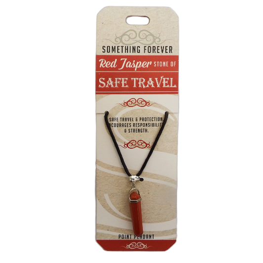 Red Jasper stone pendant on a necklace with packaging labeled 'Something Forever Safe Travel'.