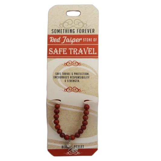 red jasper bead bracelet on card on white background