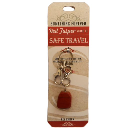 Red Jasper keychain on a 'Something Forever' branded card with text about safe travel.