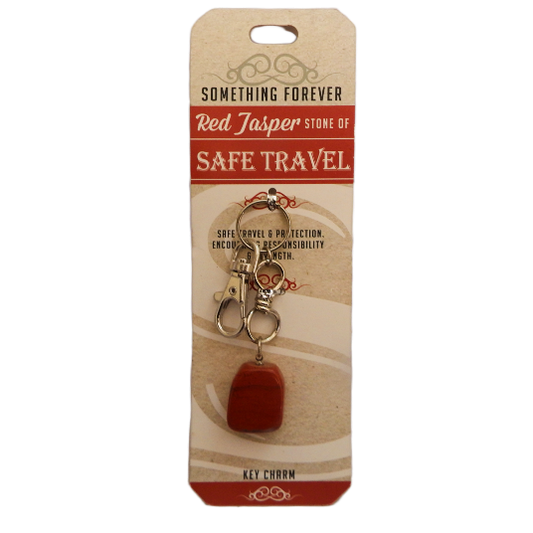 Red Jasper keychain on a 'Something Forever' branded card with text about safe travel.