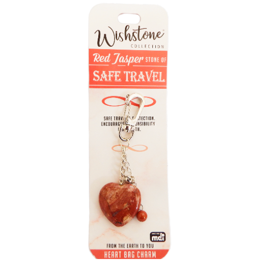 Red Jasper heart-shaped keychain charm on Wishstone packaging