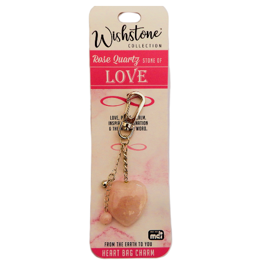 Heart-shaped rose quartz bag charm on Wishstone packaging