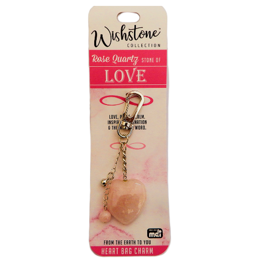 Heart-shaped rose quartz bag charm on Wishstone packaging