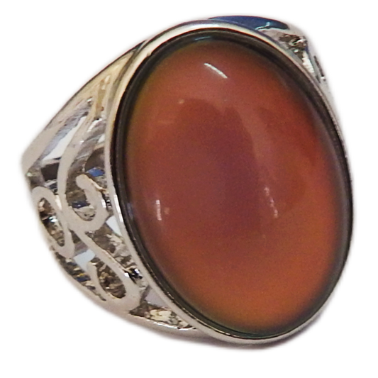 Ring with a large colour changing stone and silver band on a white background
